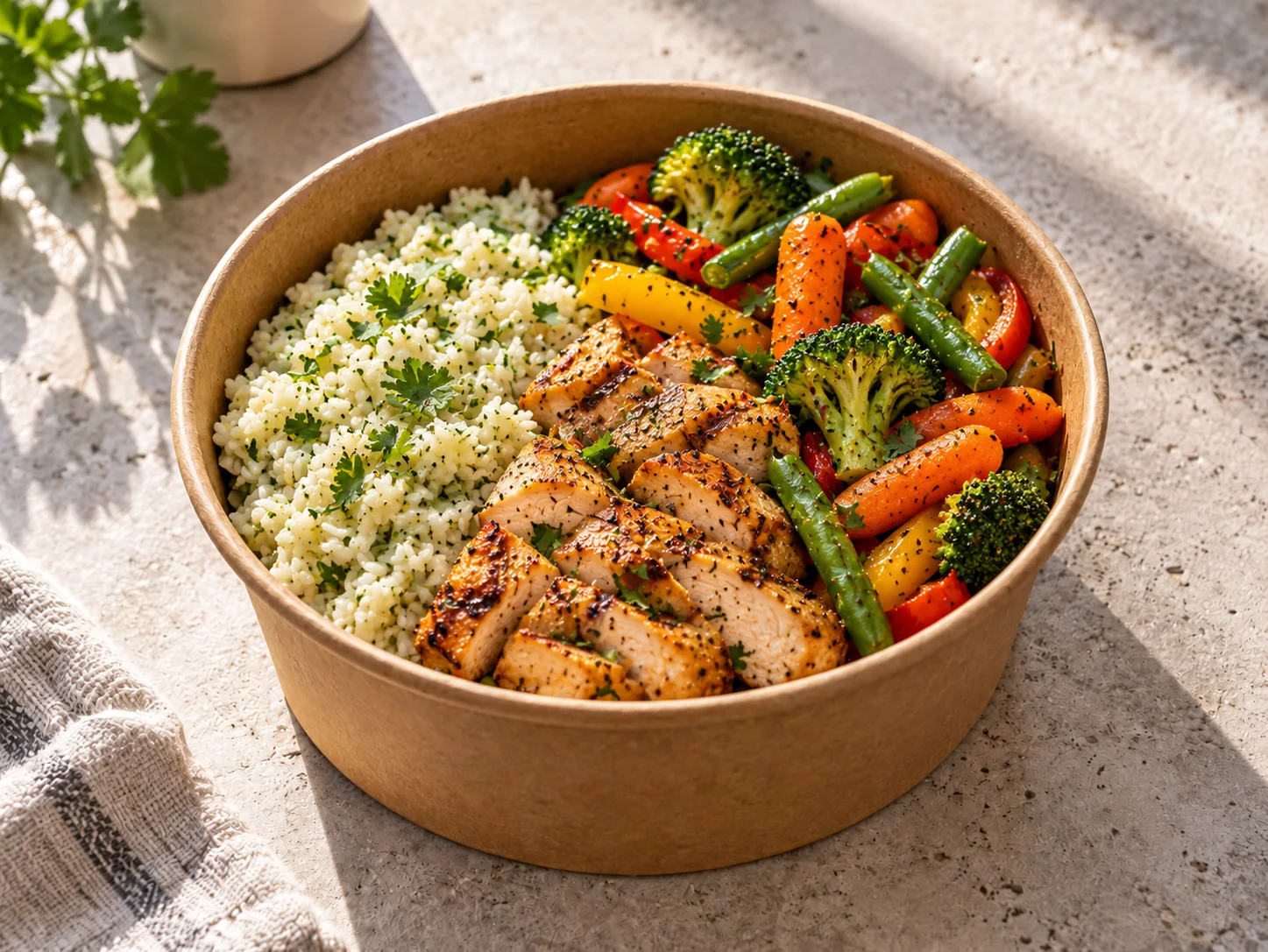 Grilled Chicken Breast Meals with broccoli, green beans, baby carrots, and bell peppers