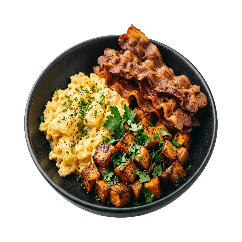 Newly Launched Breakfast Bowl with Scrambled Eggs, Turkey Bacon and Sweet Potatoes
